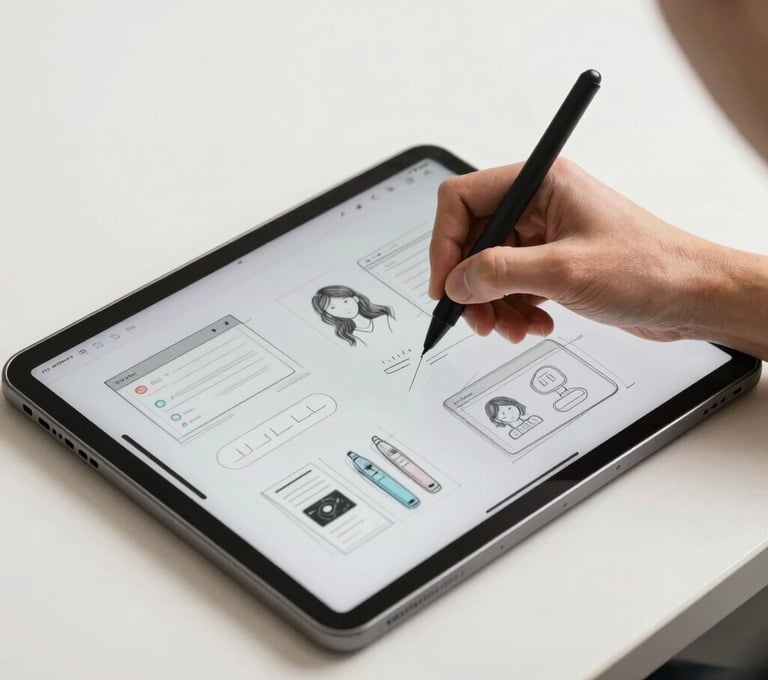 A designer's hand sketching UI concepts on a high-end tablet with a digital pen. The lighting is crisp and clear, highlighting a professional creative process within a bright, off-white studio in a Global / Digital Professional context.