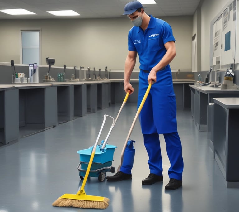 A smiling cleaner wiping a kitchen counter with a cloth