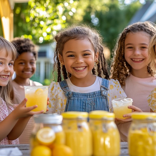 Happy young girls smiling behind a summer lemonade stand with fresh citrus drinks.