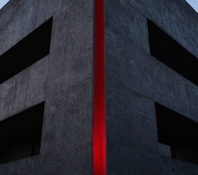 A dramatic low-angle shot of a minimalist modern building facade at night. The concrete is charcoal gray, with sharp geometric shadows in deep black. A single vertical strip of vivid deep red light runs down the center of the frame.