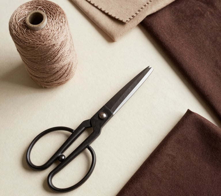 A flat lay photograph on a soft cream surface showing the artist's tools: spools of warm taupe thread, a pair of vintage scissors, and fabric swatches in muted sand and dark espresso. The aesthetic is clean and artisanal.