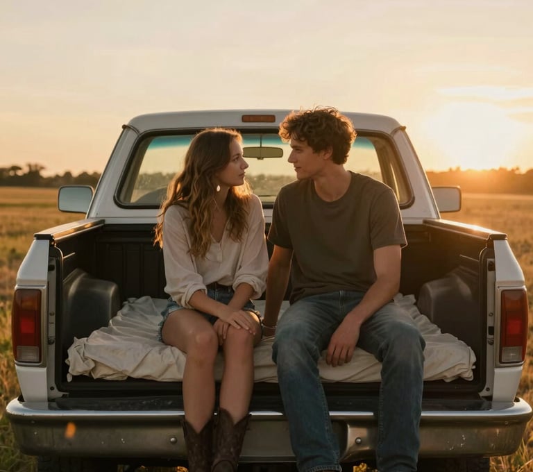 A cinematic shot of a young couple sitting in the bed of a vintage pickup truck during sunset in a North American / US rural area. Warm golden lighting, soft focus on the background fields, authentic and intimate connection.