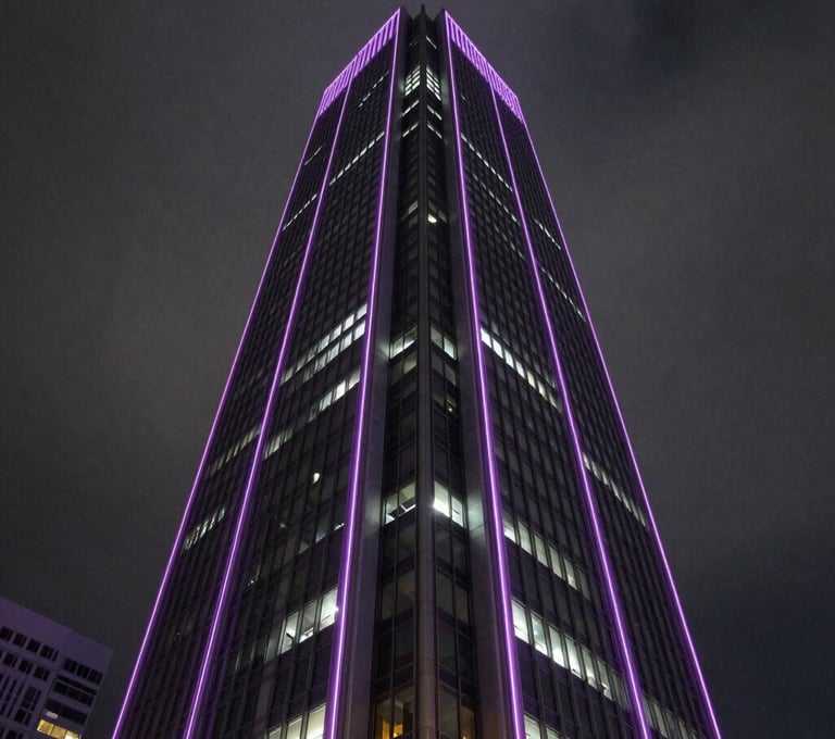 A low-angle, impactful shot of a modern skyscraper in a North American metropolitan area at night. The building is lit with sharp lavender neon lines against a dark grey sky, conveying a powerful and mysterious corporate presence.
