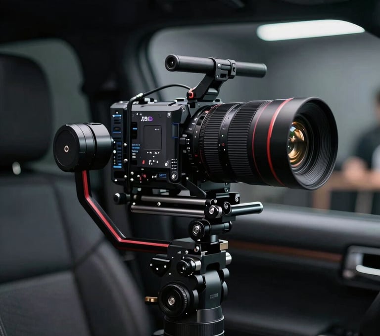 A close-up action shot of a professional camera rig on a gimbal, filming a sleek interior space in Sydney. The lighting is low-key and professional, highlighting the high-tech equipment against a dark, out-of-focus background.