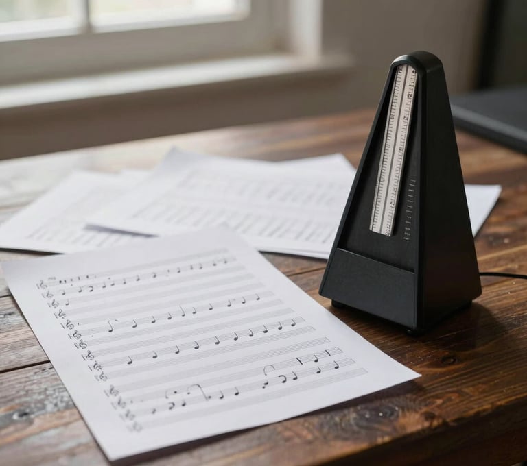 Handwritten musical scores and a metronome on a dark wooden table in a creative Latin American / Spanish studio. Soft natural light coming from a window, Slate Grey and Soft White accents.