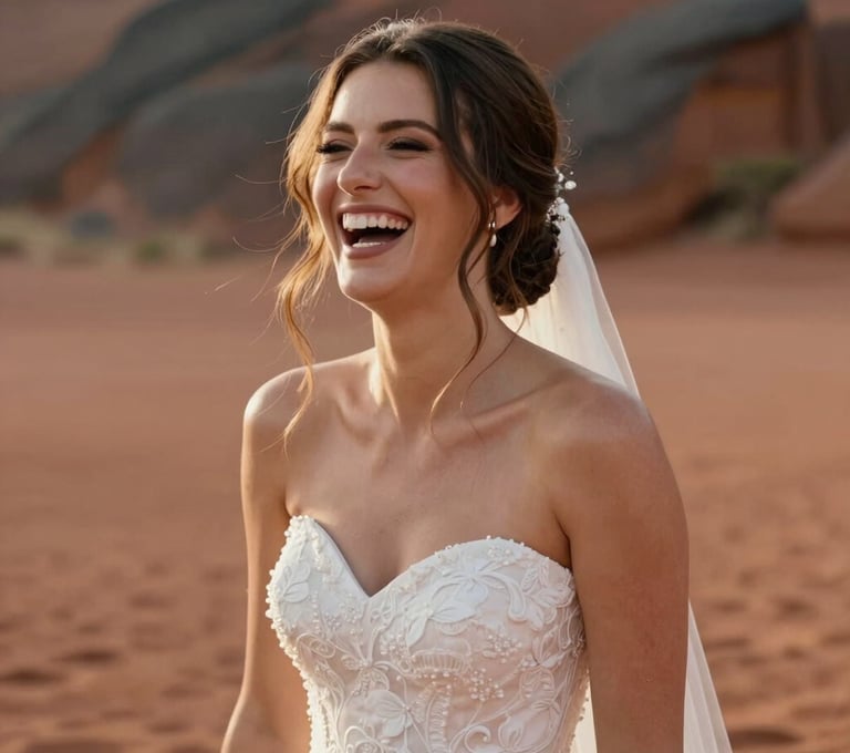 A candid vertical portrait of the bride laughing, her hair catching the warm sunlight. The background is a soft blur of terracotta-colored earth and charcoal rock faces.