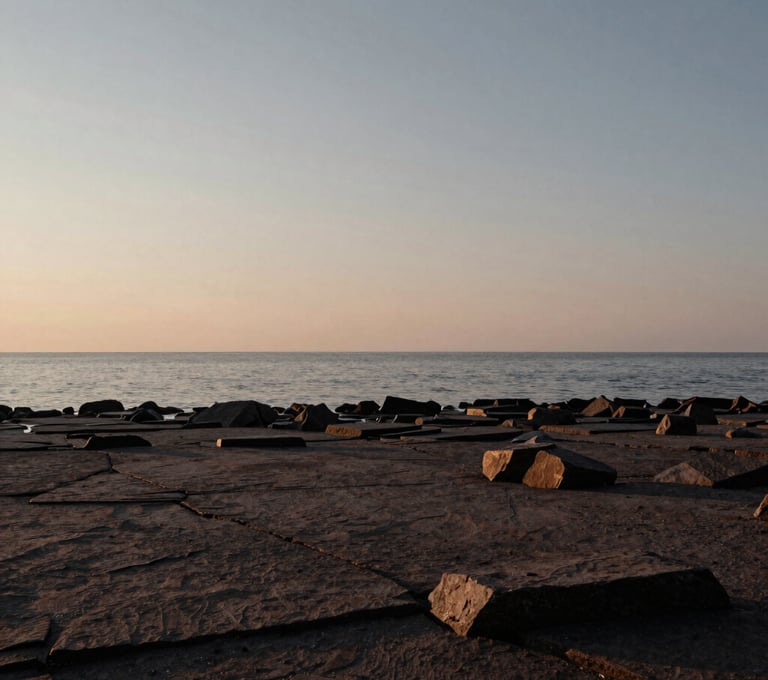 A minimalist landscape photograph of a quiet Ontario shoreline at sunrise. The composition is simple and evocative, using a muted stone and deep coffee color palette to create a sense of peace and timelessness.