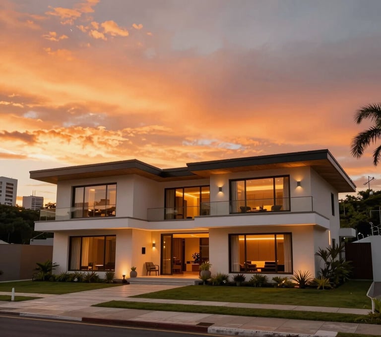 An wide-angle exterior shot of a luxury villa in a South American / Brazilian city at sunset. The Vibrant Orange glow of the sky highlights the security infrastructure and the modern lighting of the house.