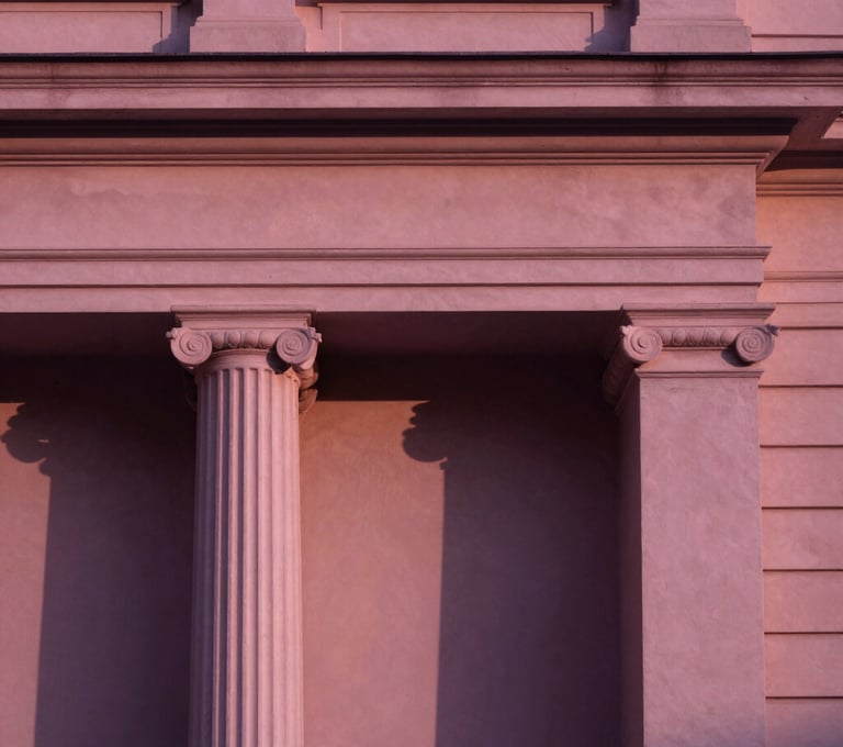 An elegant, minimalist architectural detail of a classical International / Western bank building, bathed in deep plum and dusty rose sunset shadows.