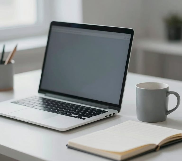 Detail of a minimalist workspace. A laptop, a simple mug, and a notebook in an organized, elegant arrangement. Contemporary style with #9A9E96 color accents and cinematic depth of field.