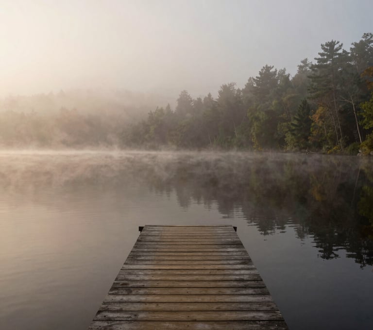 A serene, misty morning on a calm lake in a North American / US national park. A small wooden dock leads the eye into the soft off-white fog. The water is a dark, glassy charcoal. Warm, inviting, and quiet atmosphere.