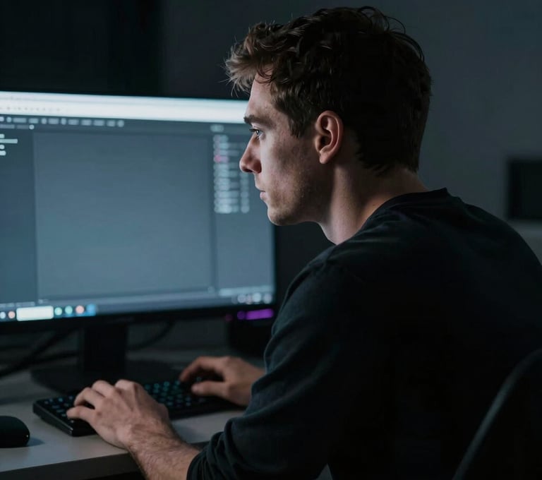 A behind-the-scenes portrait of a filmmaker looking at a monitor in a dark studio setting. The lighting is dramatic, using cool tones (#2C3E50) to highlight the intensity and focus. The aesthetic is sophisticated and minimalist.