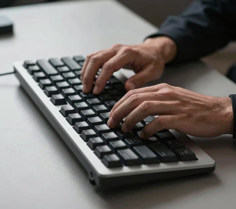 A professional shot of a cybersecurity specialist's hands typing on a high-quality mechanical keyboard. The desk setup is minimalist, featuring a silver slate palette and soft, focused lighting.