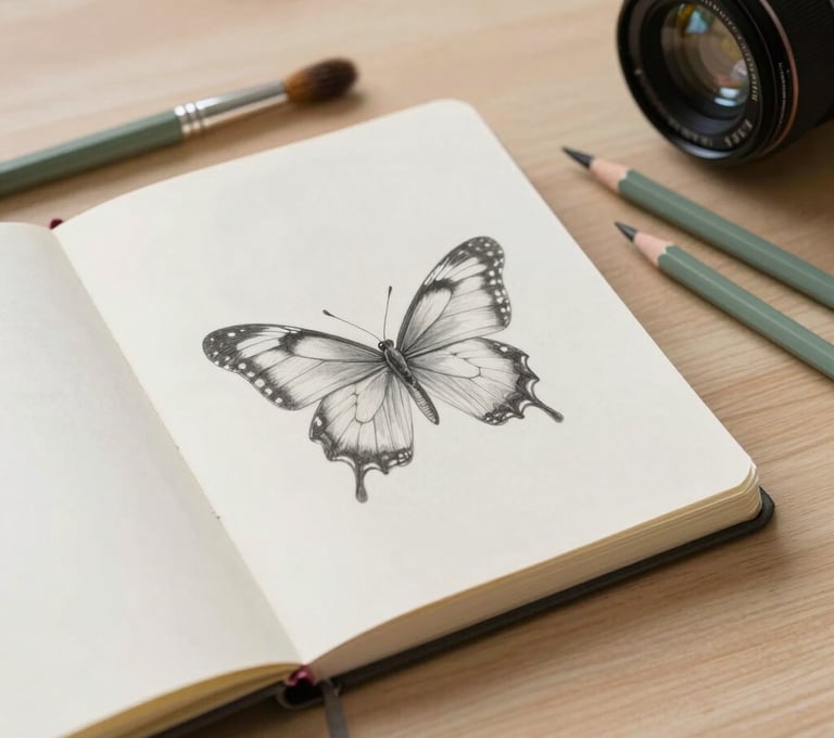 A minimalist scene of an open sketchbook on a light wooden table, showing a delicate pencil sketch of a butterfly, surrounded by artist brushes and sage green pencils.