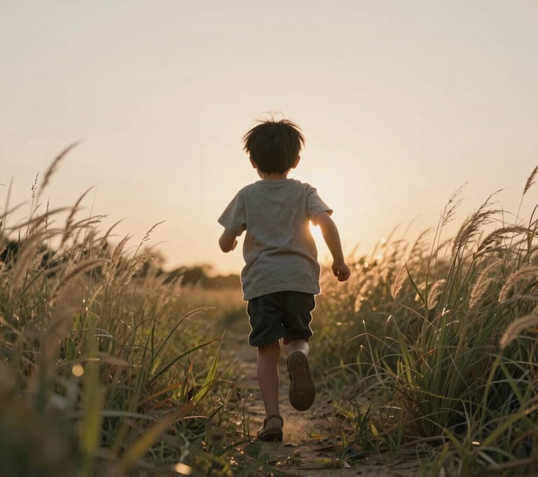 A candid shot of a child running through tall grass, backlit by the setting sun creating a natural halo effect. The colors are warm and earthy with soft sand highlights. A cinematic, storytelling feel.
