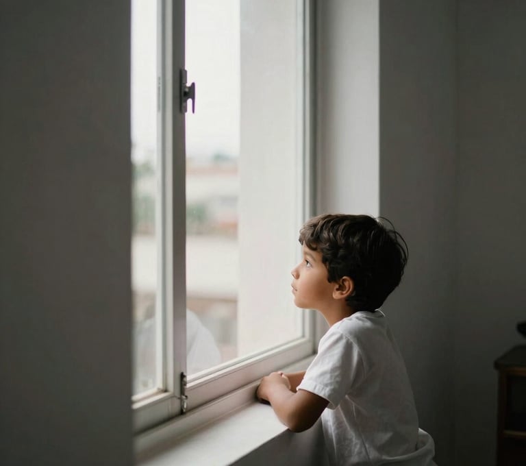 A candid shot of a South American / Brazilian child looking out a large window in a minimalist studio. Soft afternoon light, tones of Pearl White and Dark Charcoal in the shadows. Professional high-end photography.