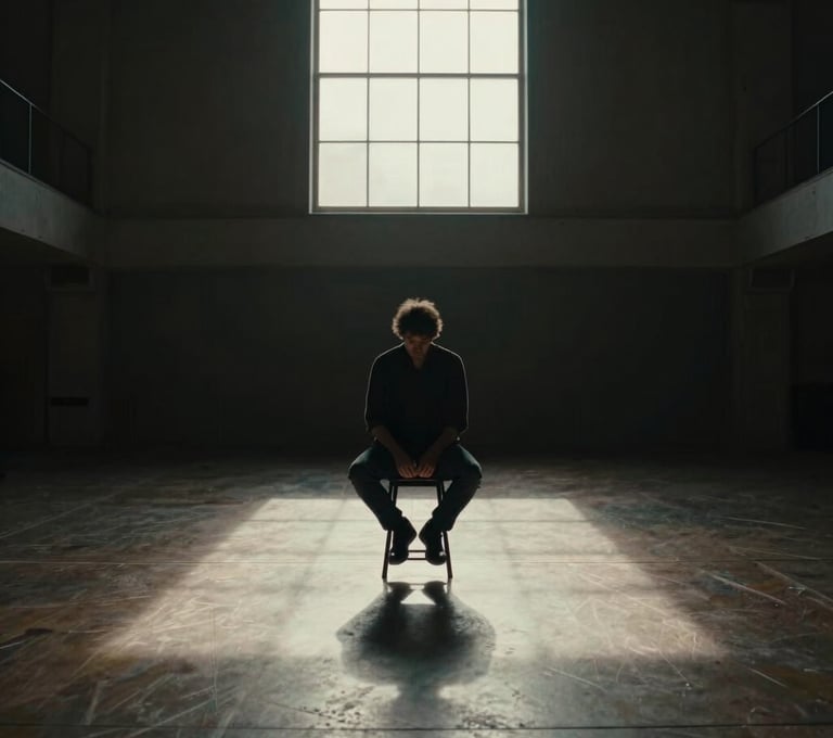 A wide shot of the musician sitting on a stool in a vast, empty hall. Deep charcoal shadows and soft off-white light filtering through a high window, very immersive atmosphere.
