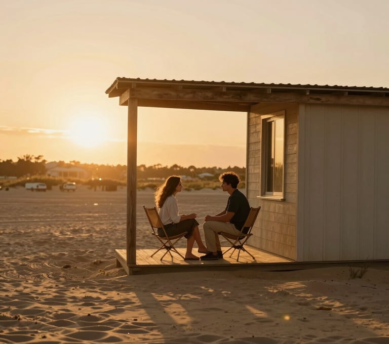 Rectangular centered photograph of a couple sitting on a porch at sunset, sharing a quiet moment. Warm golden-hour light floods the scene. Natural, unposed interaction. Soft sand and tan tones dominate the palette.