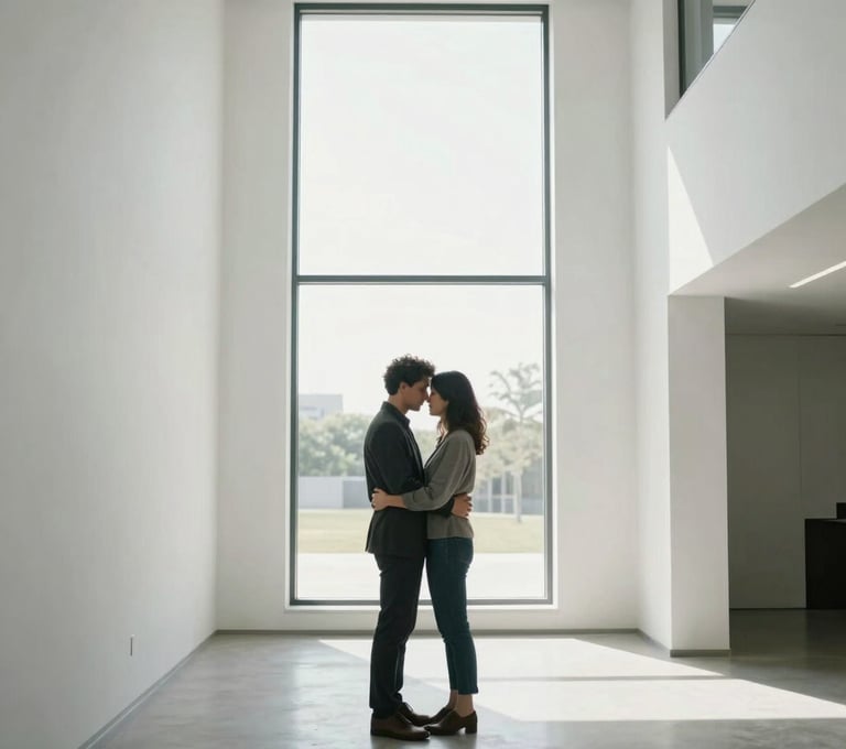 A minimalist portrait of a couple embracing in a modern, white-walled architectural space in the North American / US. Natural light streaming from a large window, clean lines, professional portfolio style.
