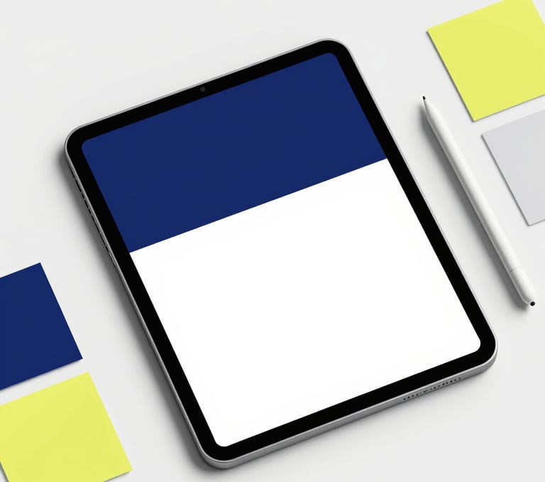 A clean, modern flat lay of design tools, including a high-end tablet, stylus, and color swatches, representing a passion for digital design. Incorporate colors #0A1128, #1E3F66, #E2B941, and #F5F8FA.