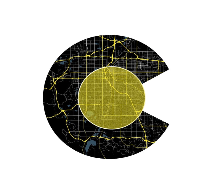 Minimalist Colorado state flag map graphic featuring a yellow and black Denver city street grid layout.