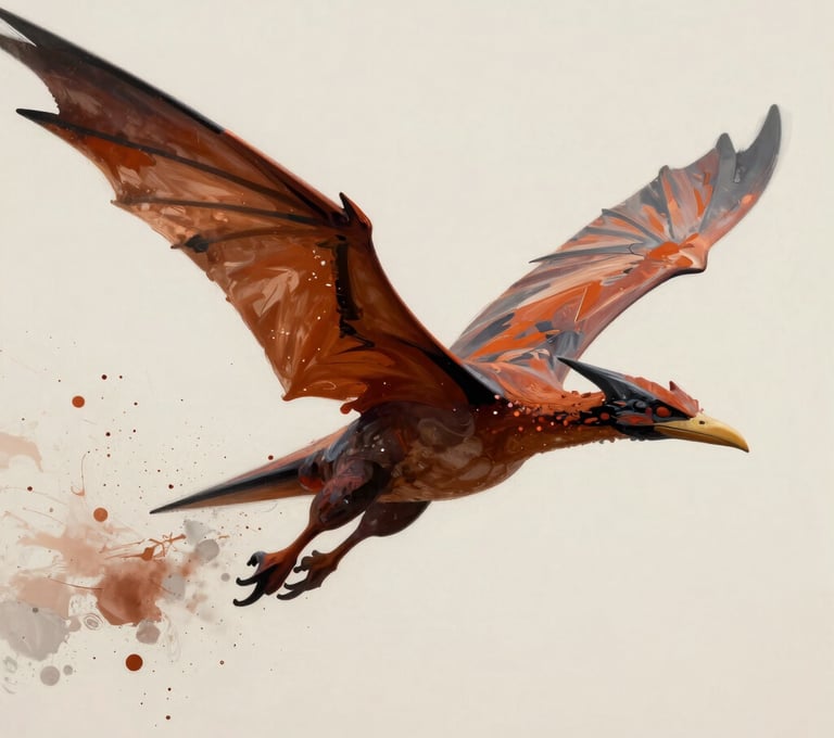 An action shot of a Pterodactyl painting, with dynamic splatters of #D87D51 acrylic paint creating a sense of movement against a #F9F5EF background.