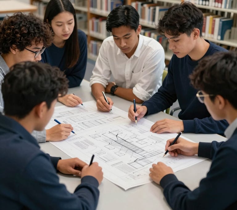 A group of diverse college students collaborating on a design blueprint spread across a Silver Grey table in a North American / US university library. They are dressed in casual professional attire featuring Dark Slate Blue and Cloud White colors.