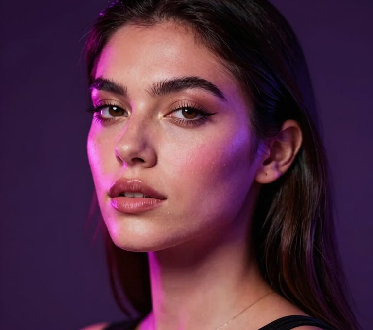 A close-up glamorous portrait of a stunning Latina model under neon pink and purple lights. Intimate and professional lighting, dark-mode aesthetic with rich shadows and glossy highlights, showcasing modern elite adult entertainment styling, Latin American / Global setting.