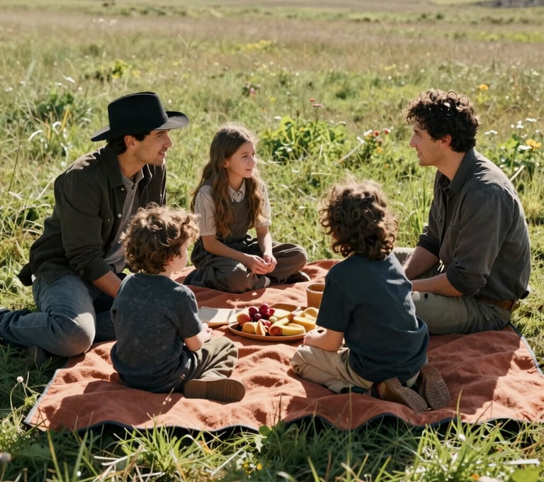 A Western / Global family enjoying a picnic in a sun-drenched meadow, warm terracotta blankets, charcoal clothing accents, authentic interaction, cinematic film style.