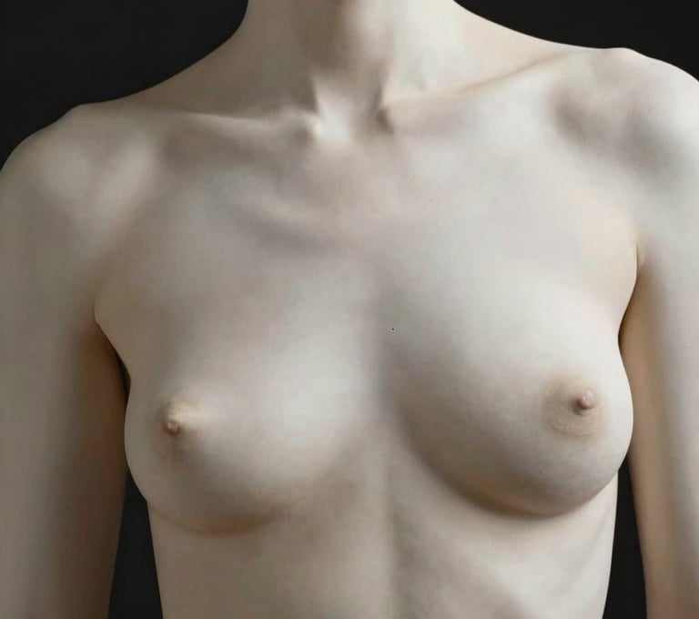 An art nude study focusing on the interplay of light and form on a torso. The composition uses generous whitespace and a minimalist approach. The lighting is soft yet directional, highlighting the contours in off-white against a dark black backdrop. North American / US artistic context.