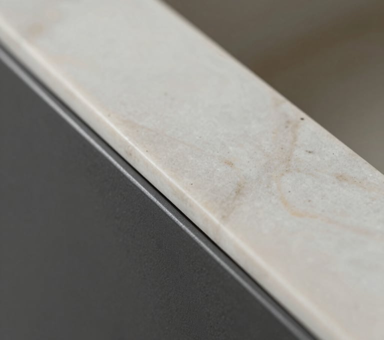 Close-up macro photography of architectural textures. Off-white marble meeting a matte Charcoal metal surface. Precision craftsmanship, minimalist aesthetic, soft diffused lighting.