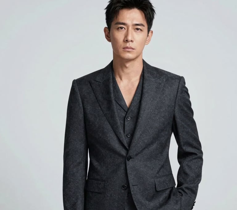 A high-fashion professional portrait of a male lead singer in a dark charcoal tailored suit. He is standing against a clean misty white studio background. Soft lighting, sophisticated and polished look.