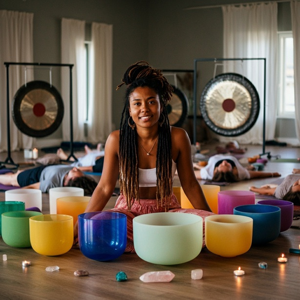 Sound therapy practitioner with singing bowls, gongs, and clients on yoga mats