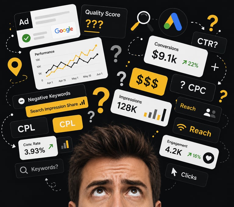 Google Ads KPIs including CTR, CPC, CPL, conversions, impressions, Quality Score, and ROI