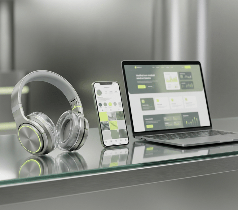 Um laptop e fones de ouvido sobre uma mesa para representar o podcast saúde que abraça