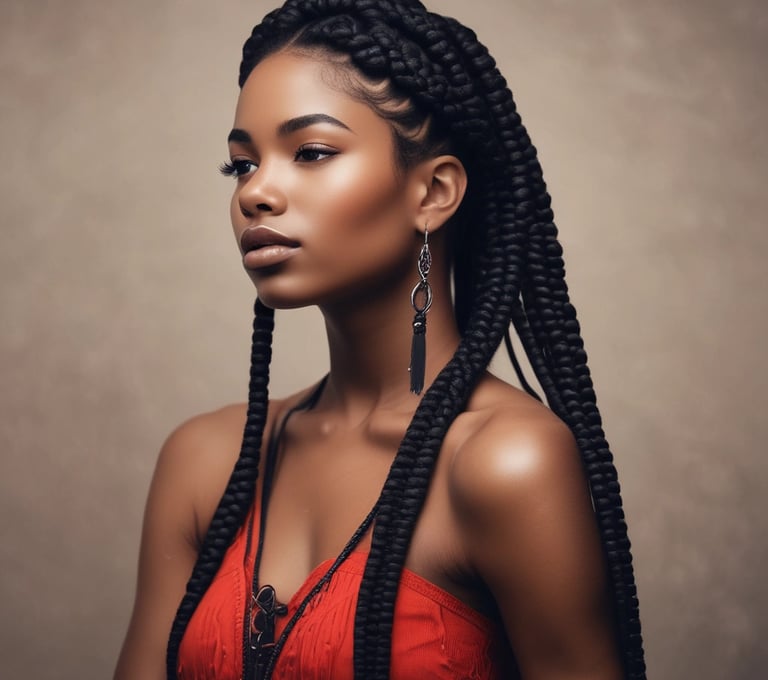 A person with braided hair smiles warmly while another pair of hands is styling their hair. The braids are intricate and feature a mix of black and blue tones. The person wears a red shirt and appears cheerful, while the background is slightly blurred with hints of colorful patterns.