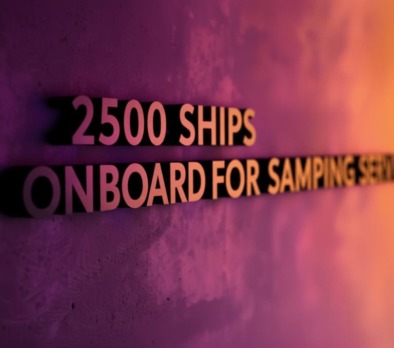 Text on a purple wall reading 2500 ships onboard for sampling service in bold black letters.
