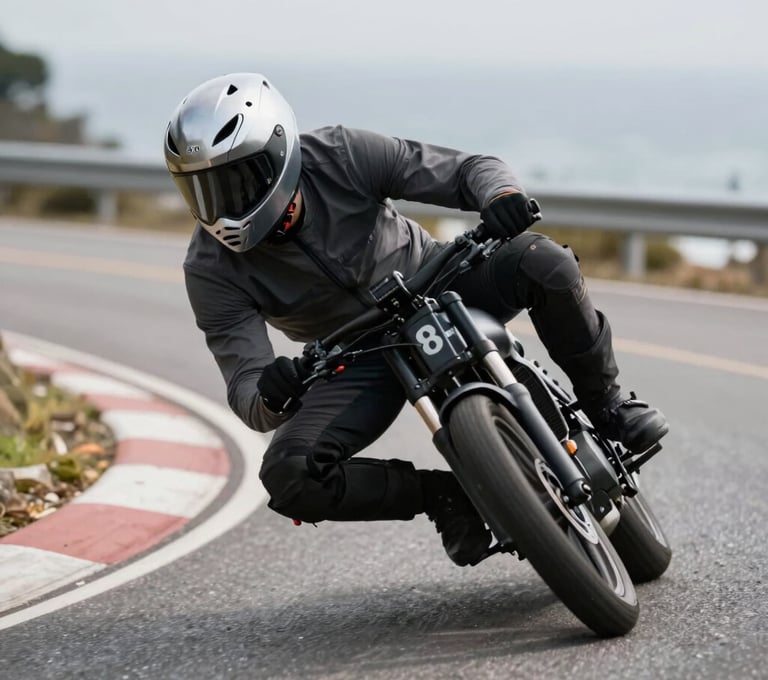 An action shot of a rider leaning into a sharp turn on a coastal Global / Western road. The motion is captured with a slight blur, featuring a cool silver helmet and dark charcoal gear.