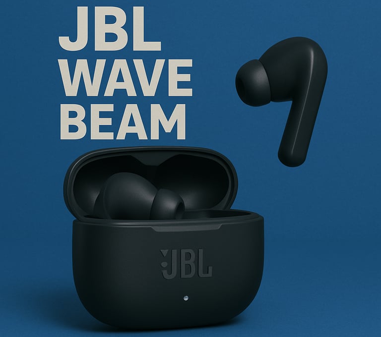 um par de fones de ouvido com as palavras jbli wave beam no meio