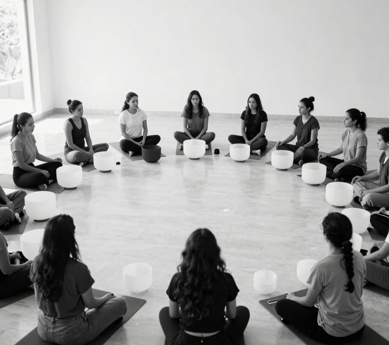 A group of people in Mexico gathered in a circle for a sound meditation. Minimalist, high contrast black and white photography. The composition is wide, showing a lot of negative space in a clean, modern hall.