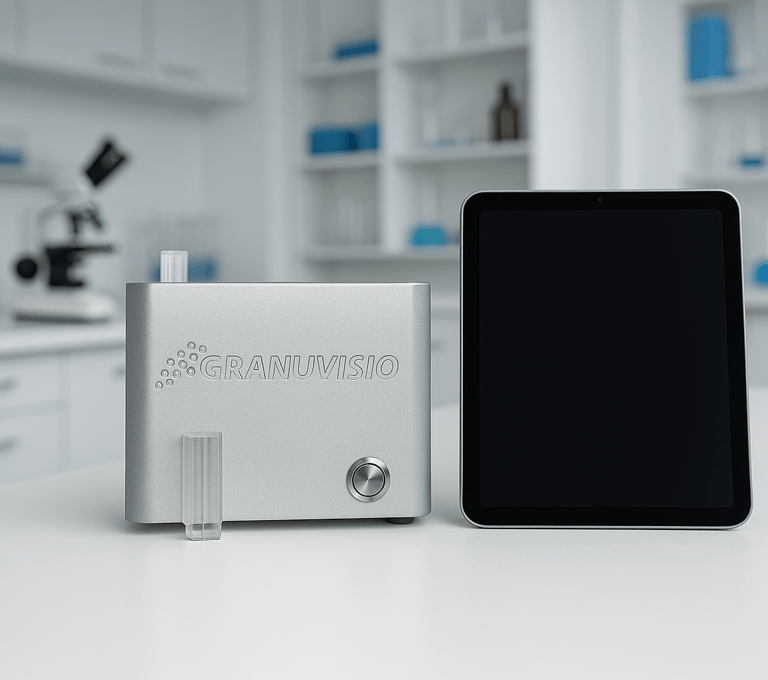 a granulometer sitting on a table with a tablet