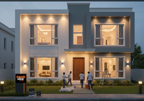 Modern two-story luxury home exterior with professional painters finishing a residential renovation project.