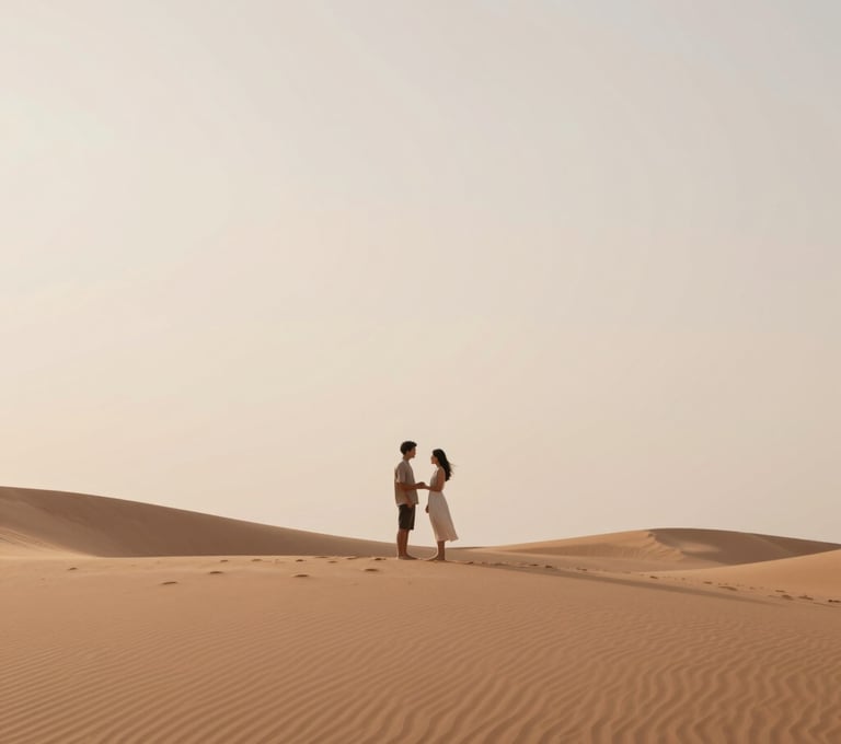 A wide-angle cinematic shot of a couple standing together on a sand dune under a vast, soft sky. The palette consists of warm sand #FDF8F0 and soft terracotta #AD7B5B hues. Authentic, quiet interaction.