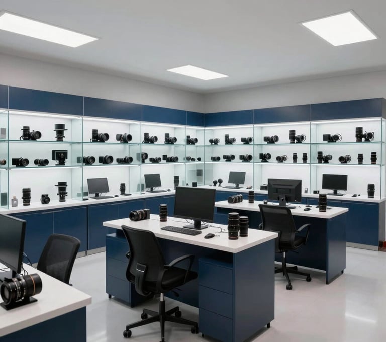 A wide-angle interior photograph of a modern photography equipment service center in North America. The space is bright and organized with high-tech workstations and glass displays, using a palette of light grey and dark blue tones.