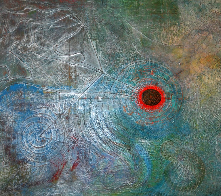 Waterverse' by Kristina Lee is a large abstract canvas using acrylic paint and other materials.
