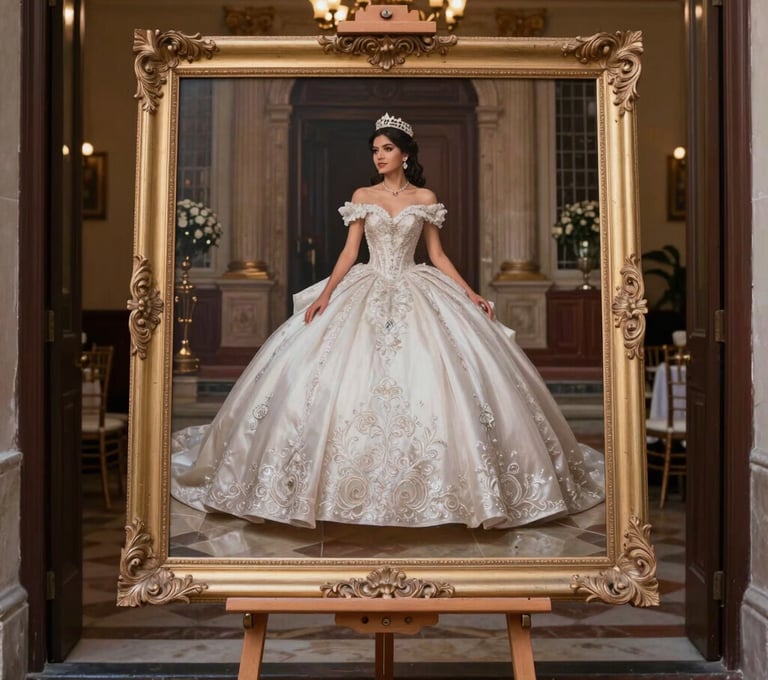 A large, elegant framed canvas print of a quinceañera in a voluminous gown, placed on an ornate easel at the entrance of a grand ballroom in a South American / Colombian venue.