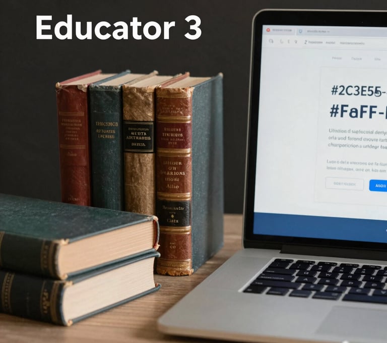 A curated arrangement of vintage scholarly books next to a modern silver laptop. Soft, warm directional light highlights the textures. A representation of the 'Educator' facet, using #F8F8F8 and #2C3E50 accents on a dark background.