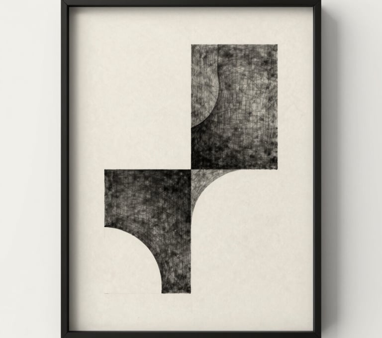 A minimalist charcoal drawing on textured #F9F7F0 paper, framed in a simple thin #1A1A1A frame. The artwork depicts abstract geometric forms with sophisticated restraint.