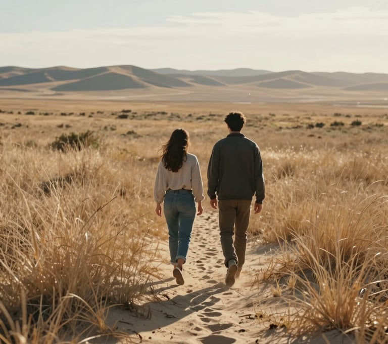 A cinematic shot of a couple walking away through a field of soft sand colored dried grass in a North American / General Western landscape. The lighting is warm and back-lit.