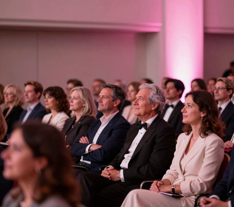 A candid shot of an elegant audience in a North American / US performance hall, bathed in softest pink atmospheric light, reflecting a sophisticated and inviting mood.